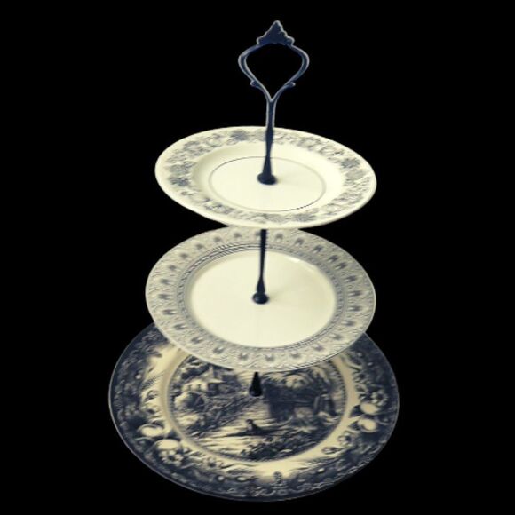 Cupcake Dessert Stand Vintage Black Transferware 3-Tier - Picture 2 of 2